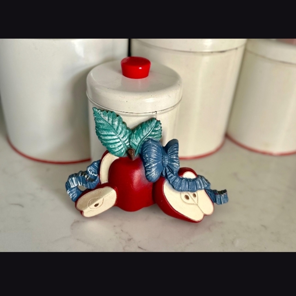 Homco Red Apple Decor with Blue Ribbon and Green Leaves